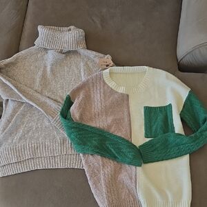 Colorblock Sweater with Green and Cream Accents